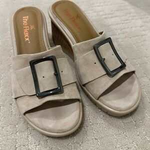 THE FLEXX Beige Suede Slide Mules with Dark Silver Buckle size 38 EUC